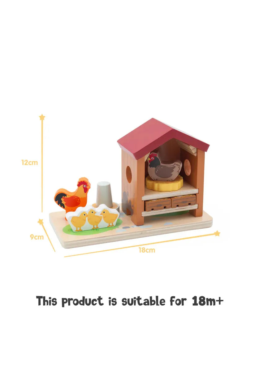 Wooden toy chicken coop with chickens and dimensions on a white background