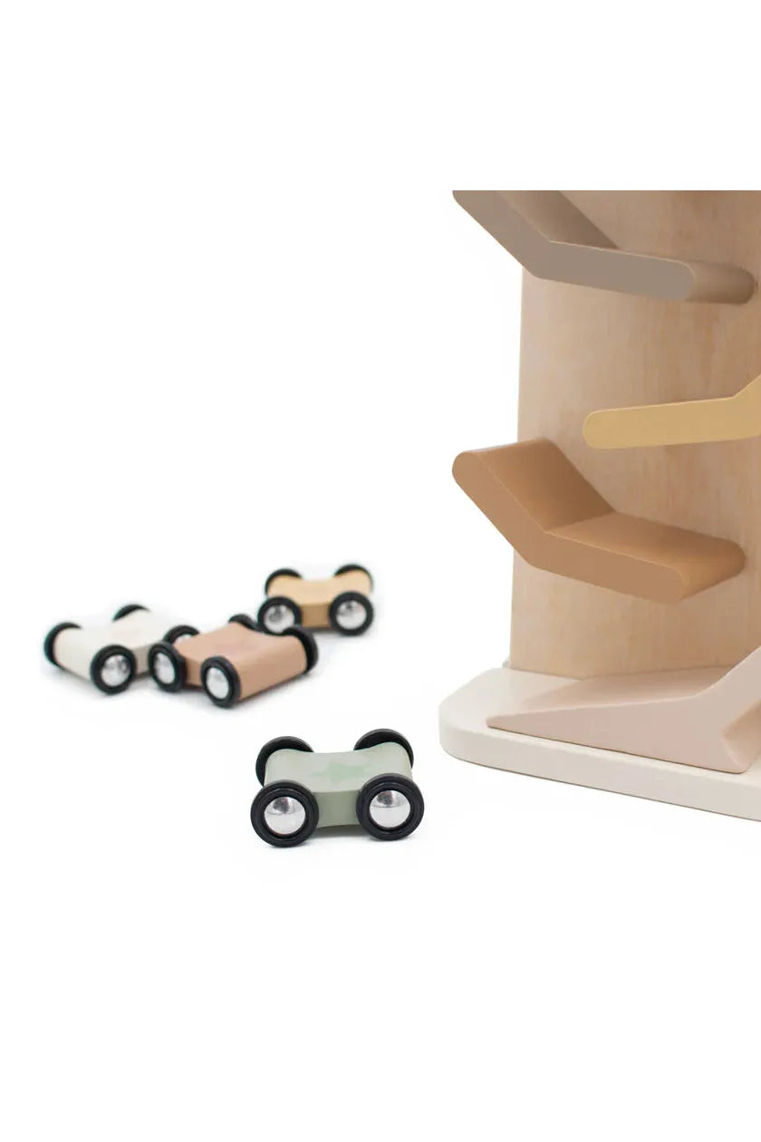 Wooden toy car set with a wooden track on a white background