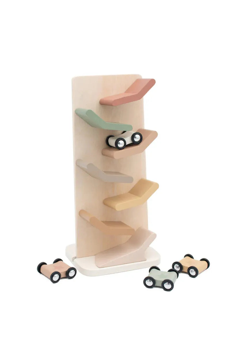 Wooden toy set with cars and ramps on a white background