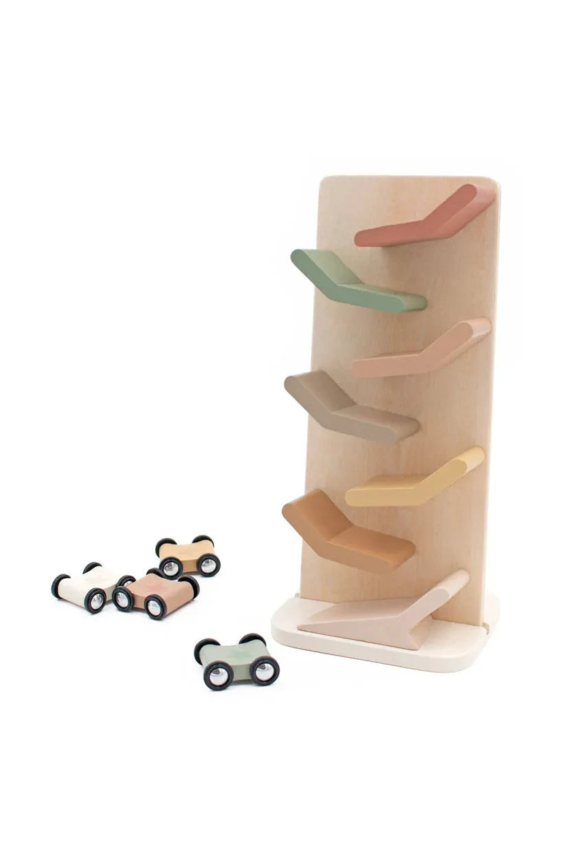 Set of colorful wooden steps with a white base and toy cars on a white background