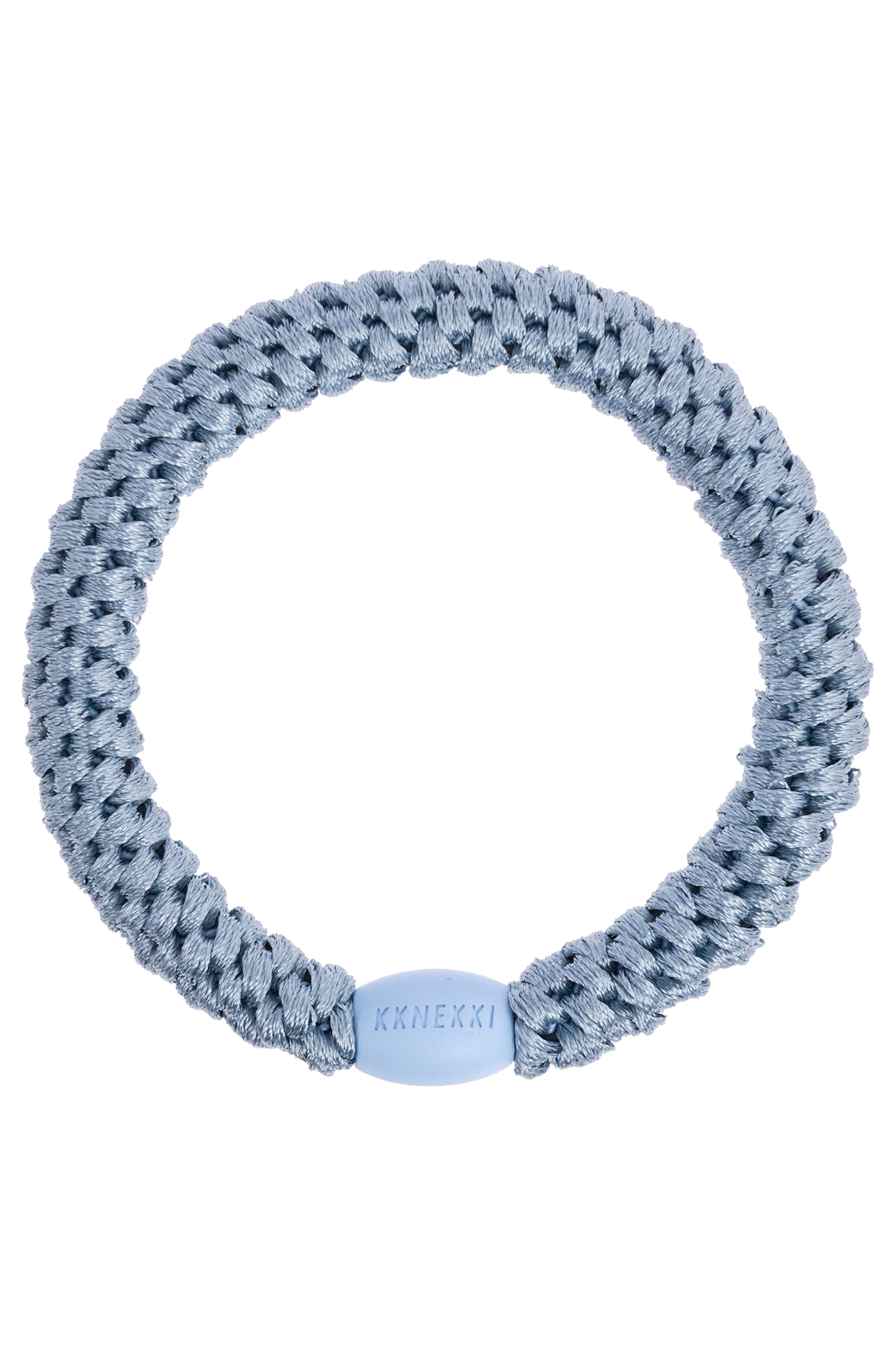 Blue scrunchie with a visible brand logo on a white background