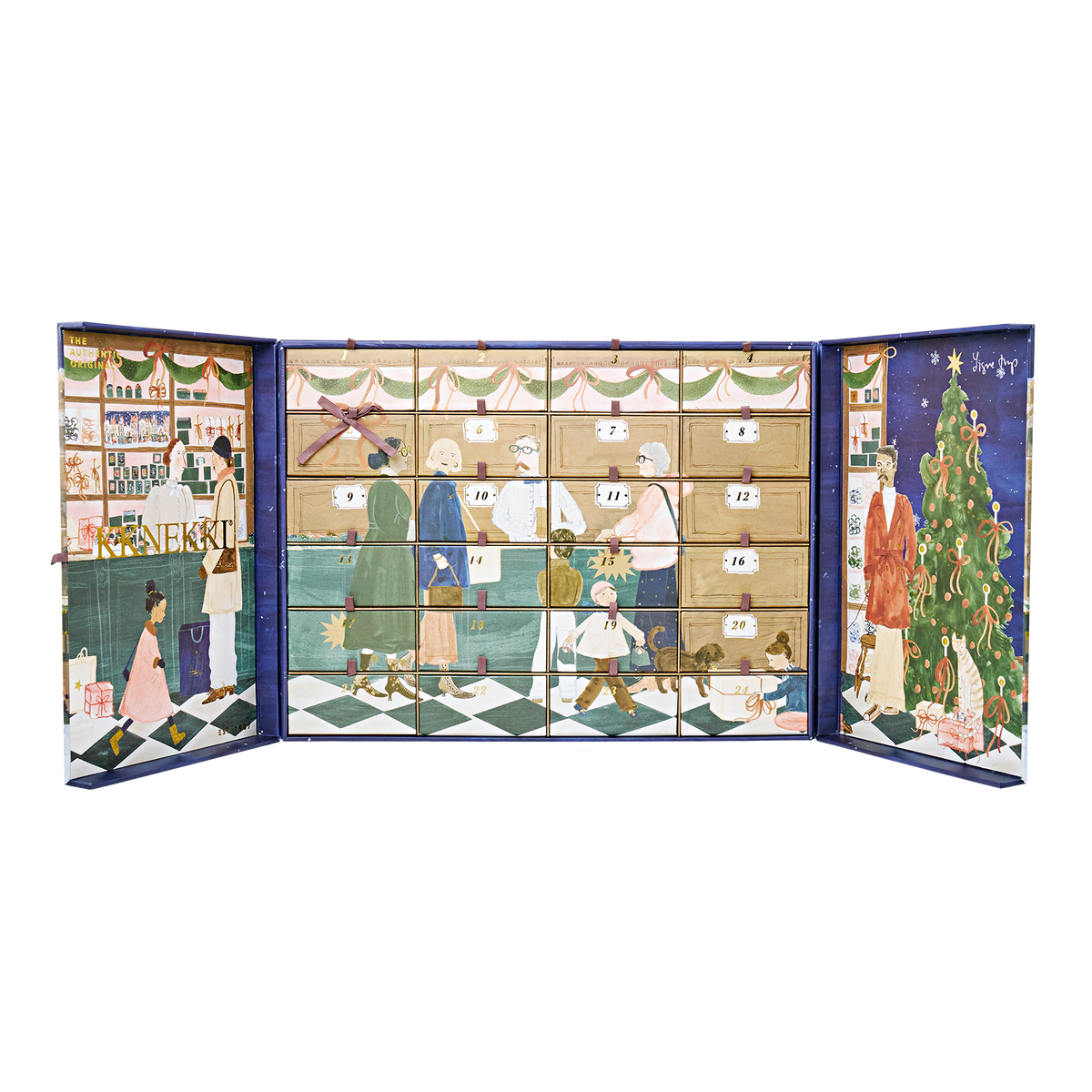 A vintage-style Christmas advent calendar with illustrated panels showing holiday scenes, people in a shop, and a decorated tree, photographed against a plain white background.