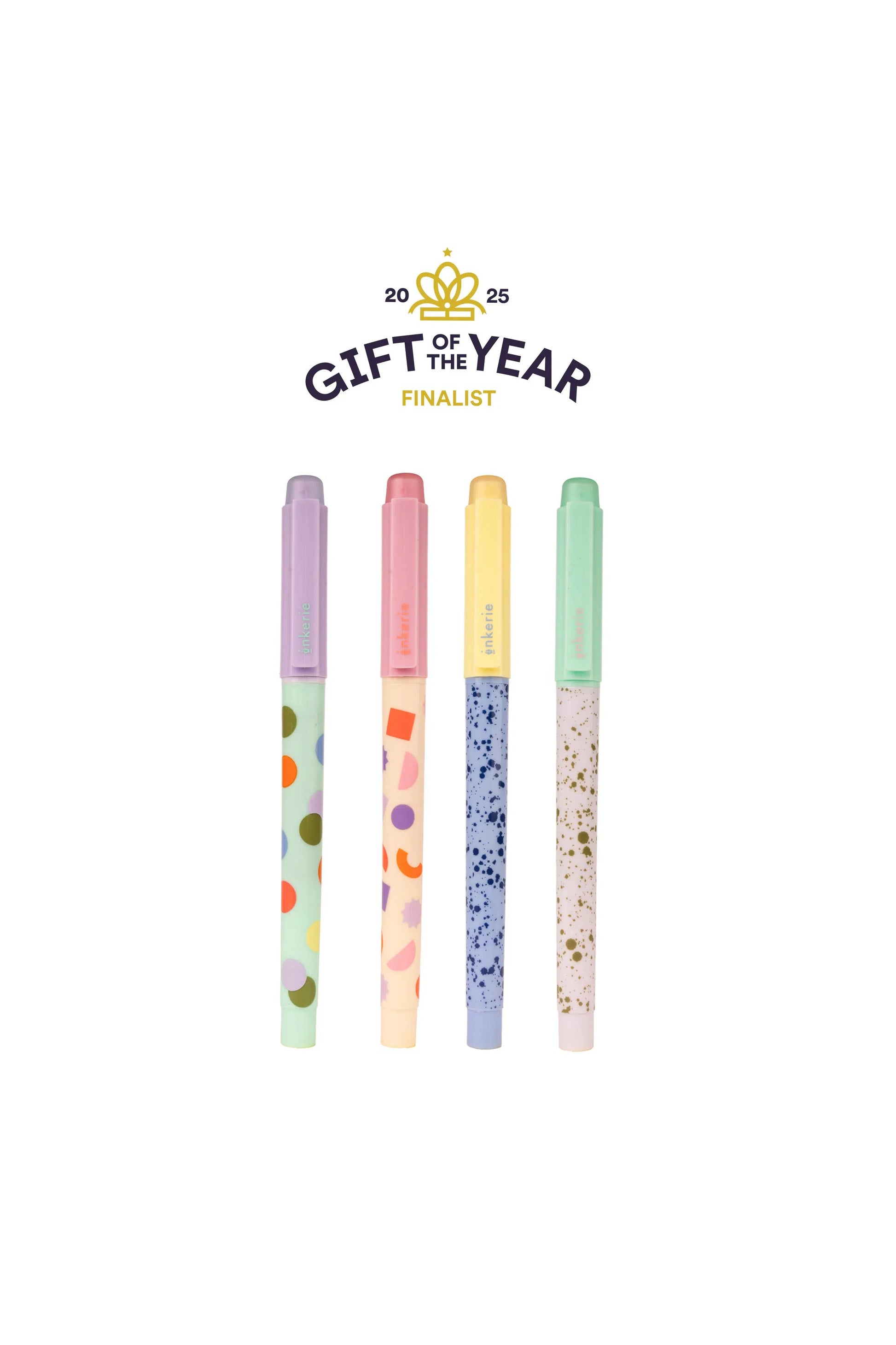A graphic representation highlighting the erasable ink and the colours included in the set.