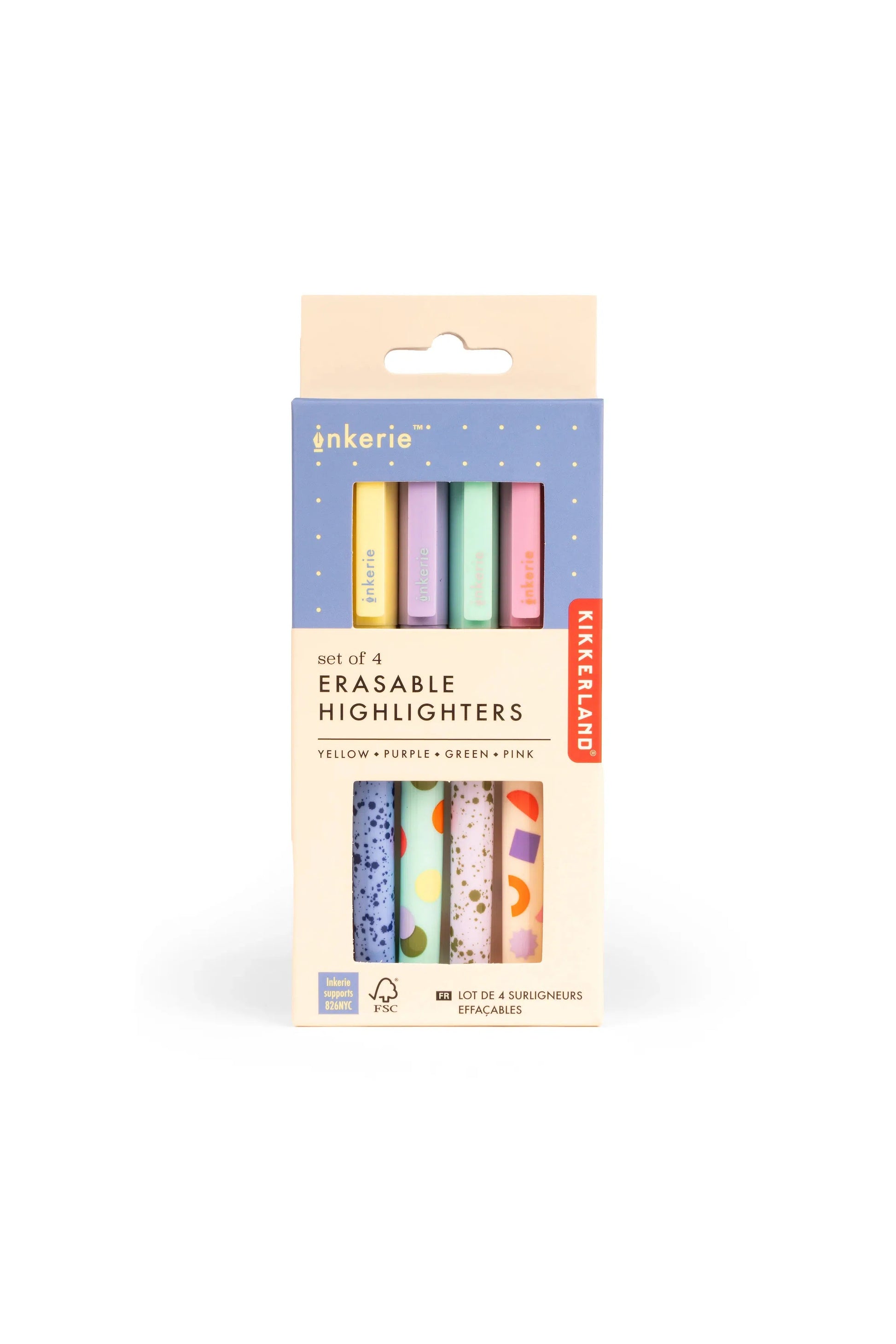 A pack of four pastel-coloured erasable highlighters in yellow, purple, green, and pink, displayed in a blue and beige box with small decorative patterns.