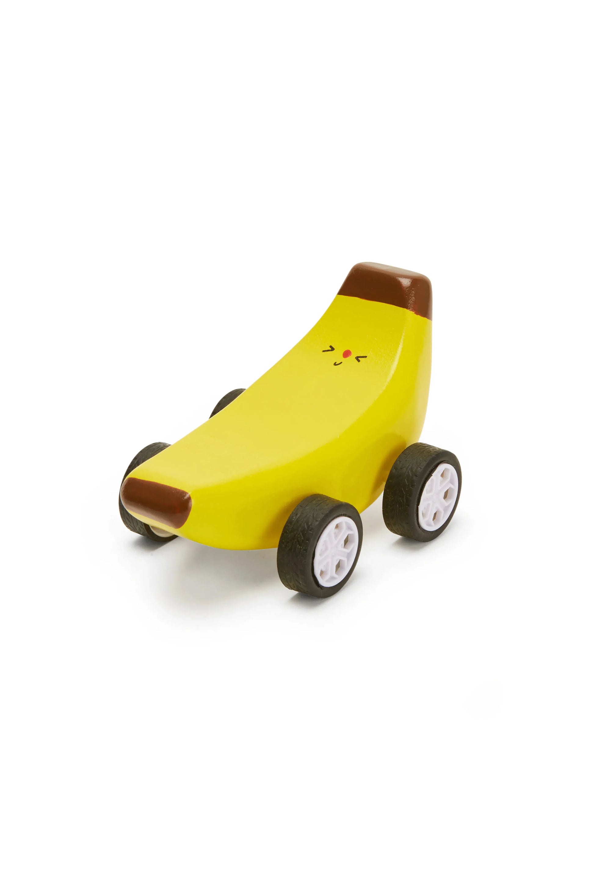 Close-up view of Kikkerland Fruit-Fun Pullback Cars in banana design.