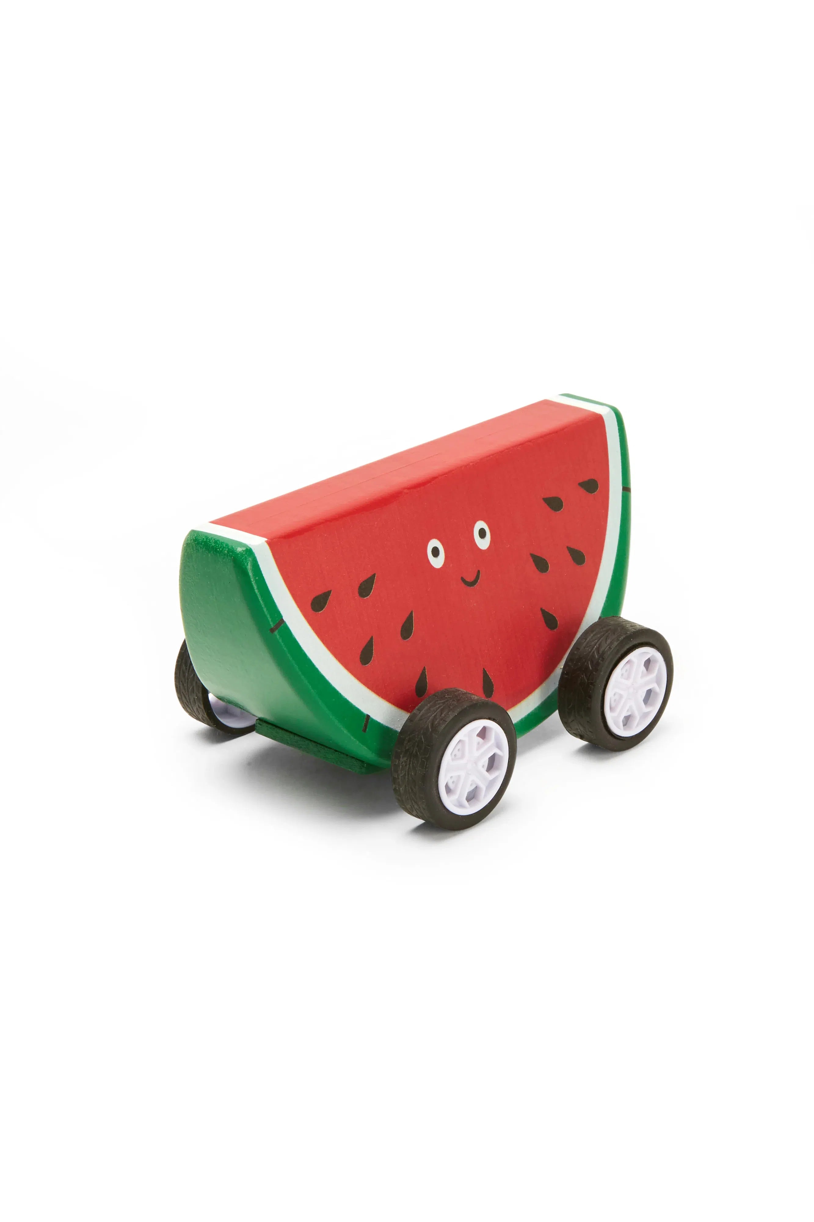 Close-up view of Kikkerland Fruit-Fun Pullback Cars in watermelon design.
