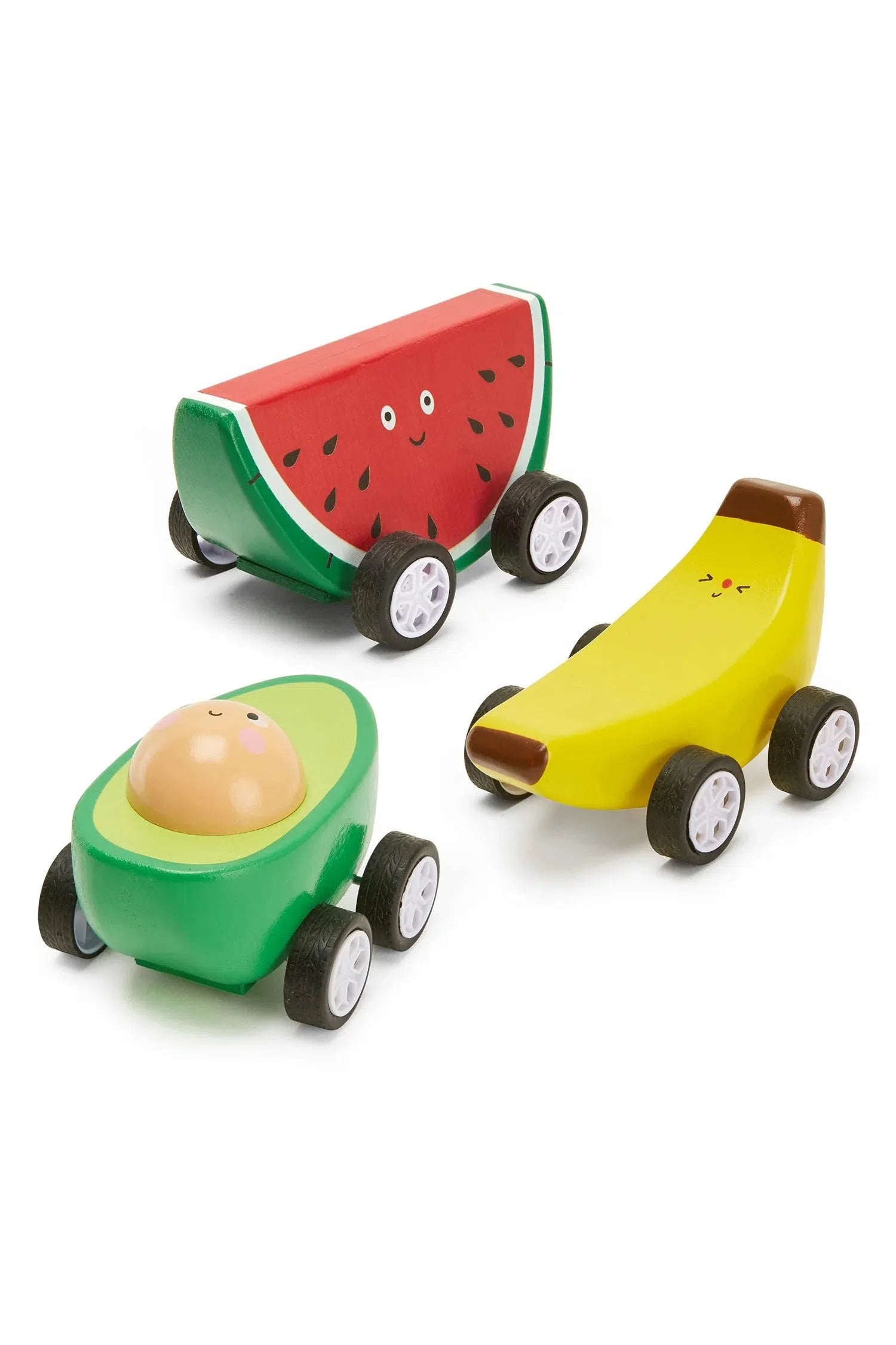 Colourful fruit-themed pullback toy cars featuring watermelon, banana and avocado designs.