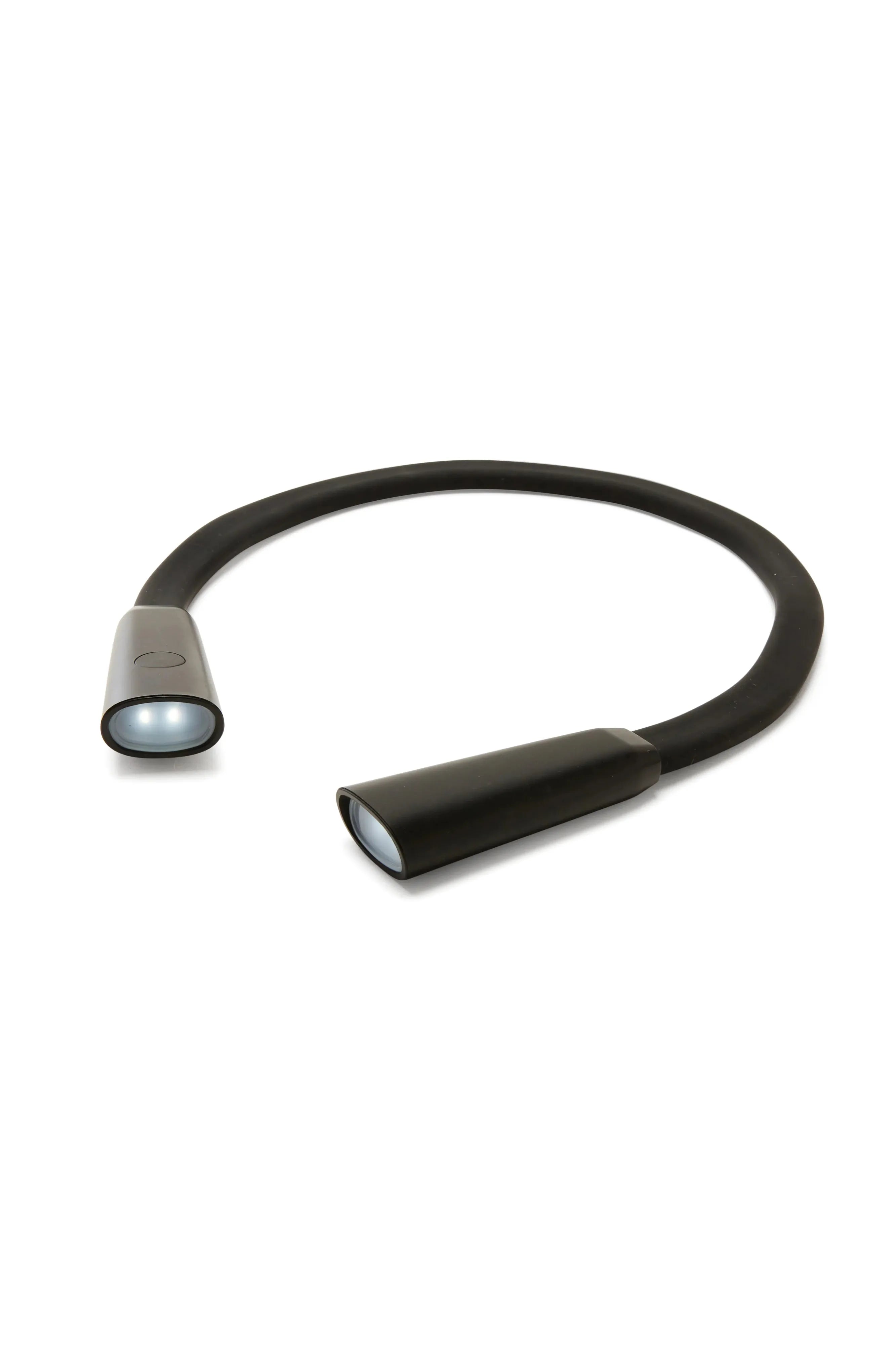 Black flexible LED reading light on a white background