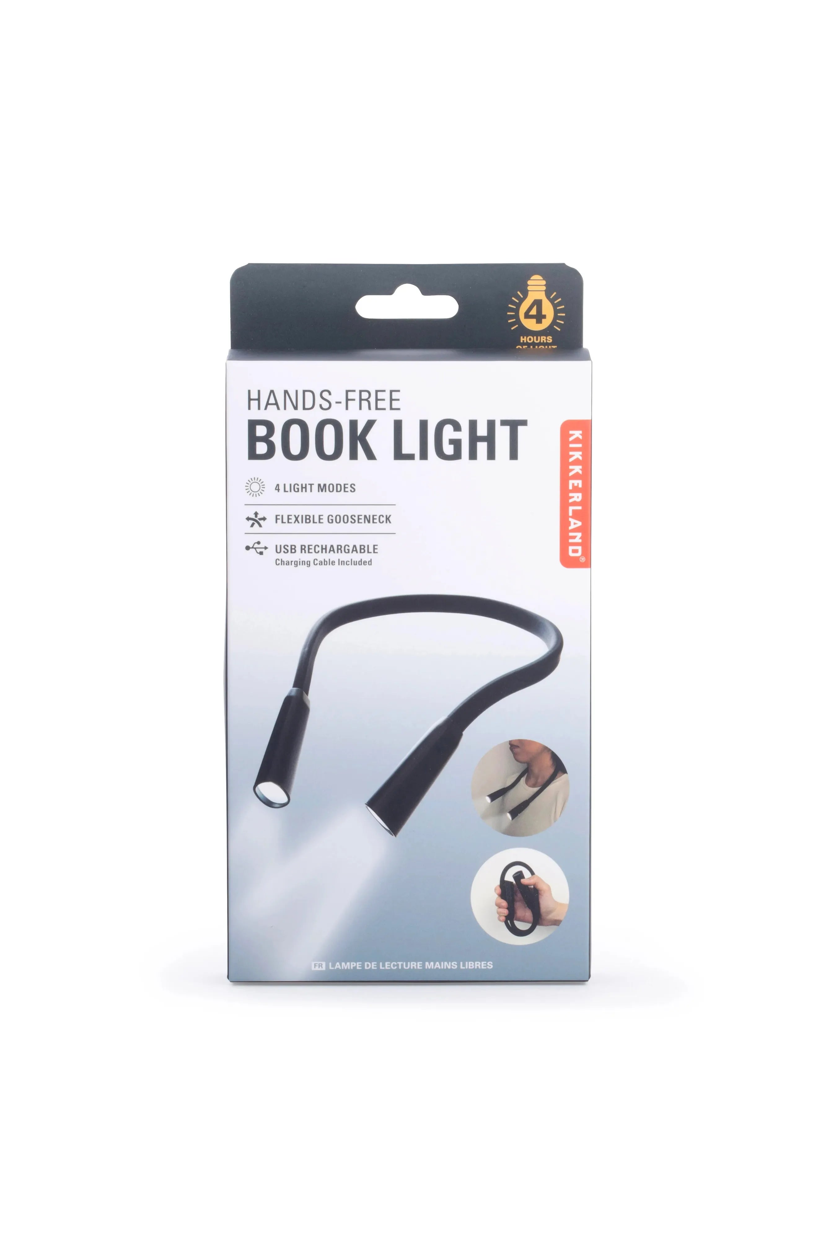 Package of a hands-free book light with a white background