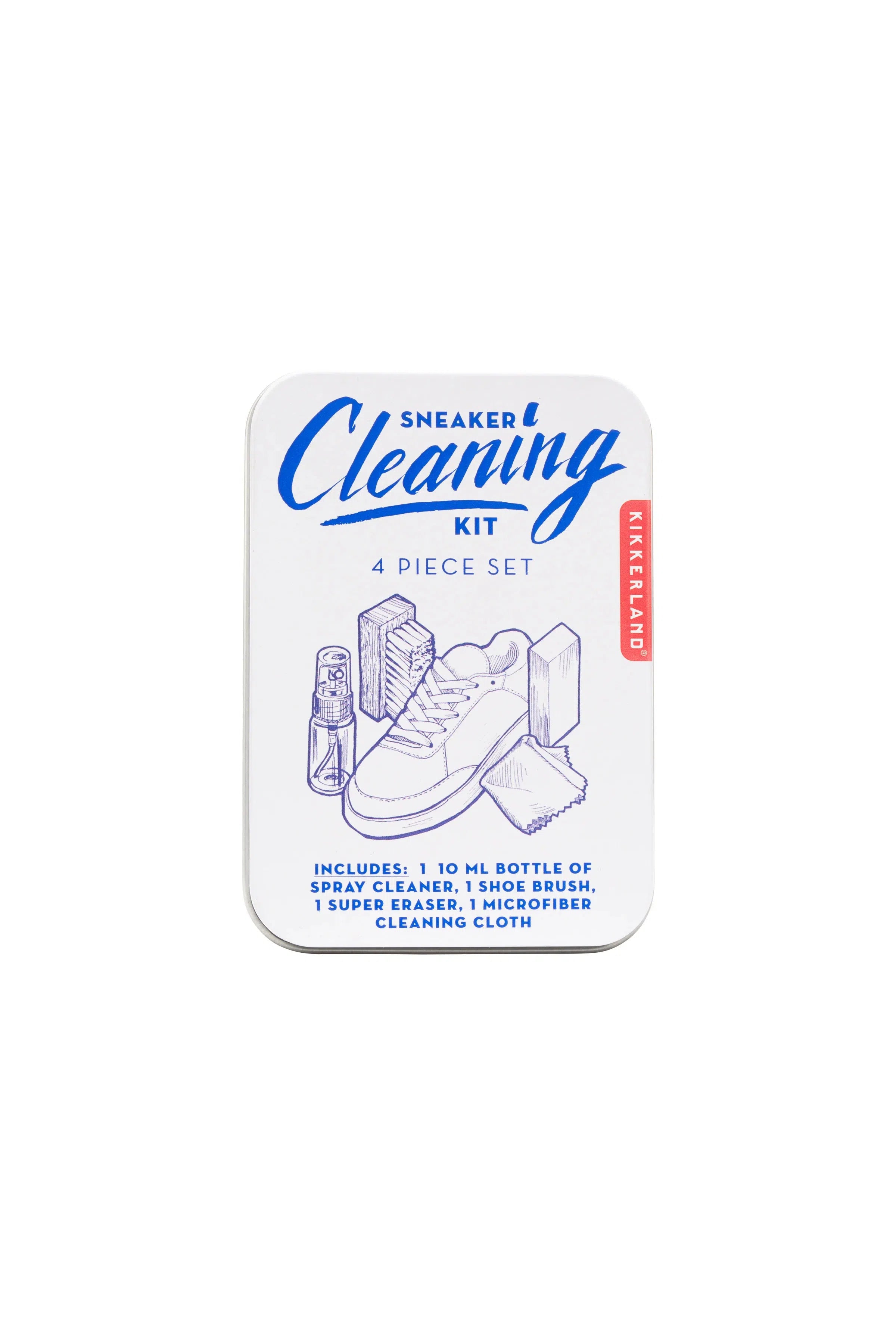 A compact sneaker cleaning kit in a tin case with blue and white illustrations of sneakers, a brush, and cleaning tools.