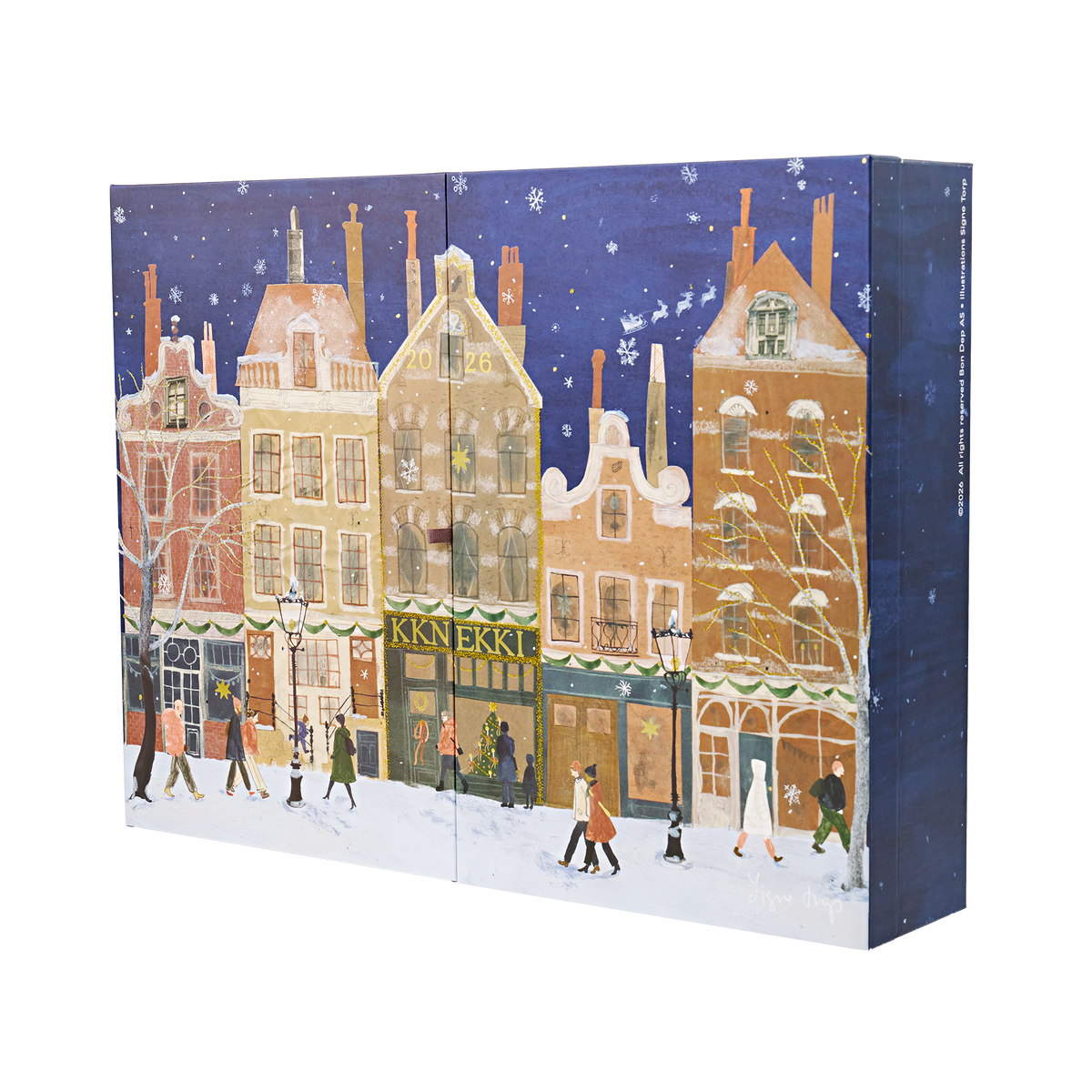 An advent  package featuring a winter city street scene with snow-covered buildings, pedestrians, lampposts, and a dark blue starry sky. Kknekki is on the shop front.