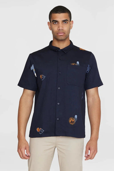 Knowledge Cotton Box Fit Short Sleeve Shirt with Embroidery - GOTS/Vegan-Mens-Ohh! By Gum - Shop Sustainable