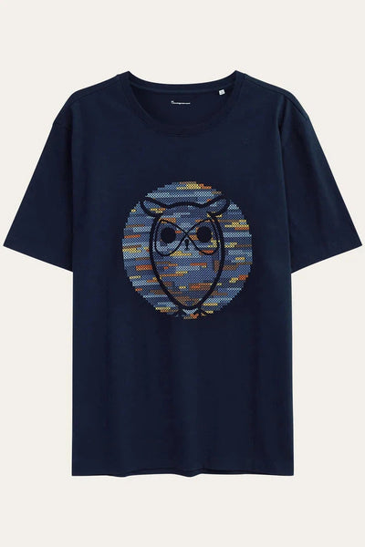 Knowledge Cotton Regular Short Sleeve Heavy Single Owl Cross Stitch Print T-shirt - GOTS/Vegan-Mens-Ohh! By Gum - Shop Sustainable