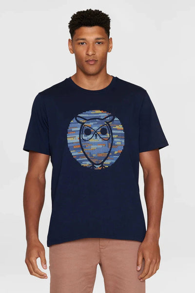 Knowledge Cotton Regular Short Sleeve Heavy Single Owl Cross Stitch Print T-shirt - GOTS/Vegan-Mens-Ohh! By Gum - Shop Sustainable