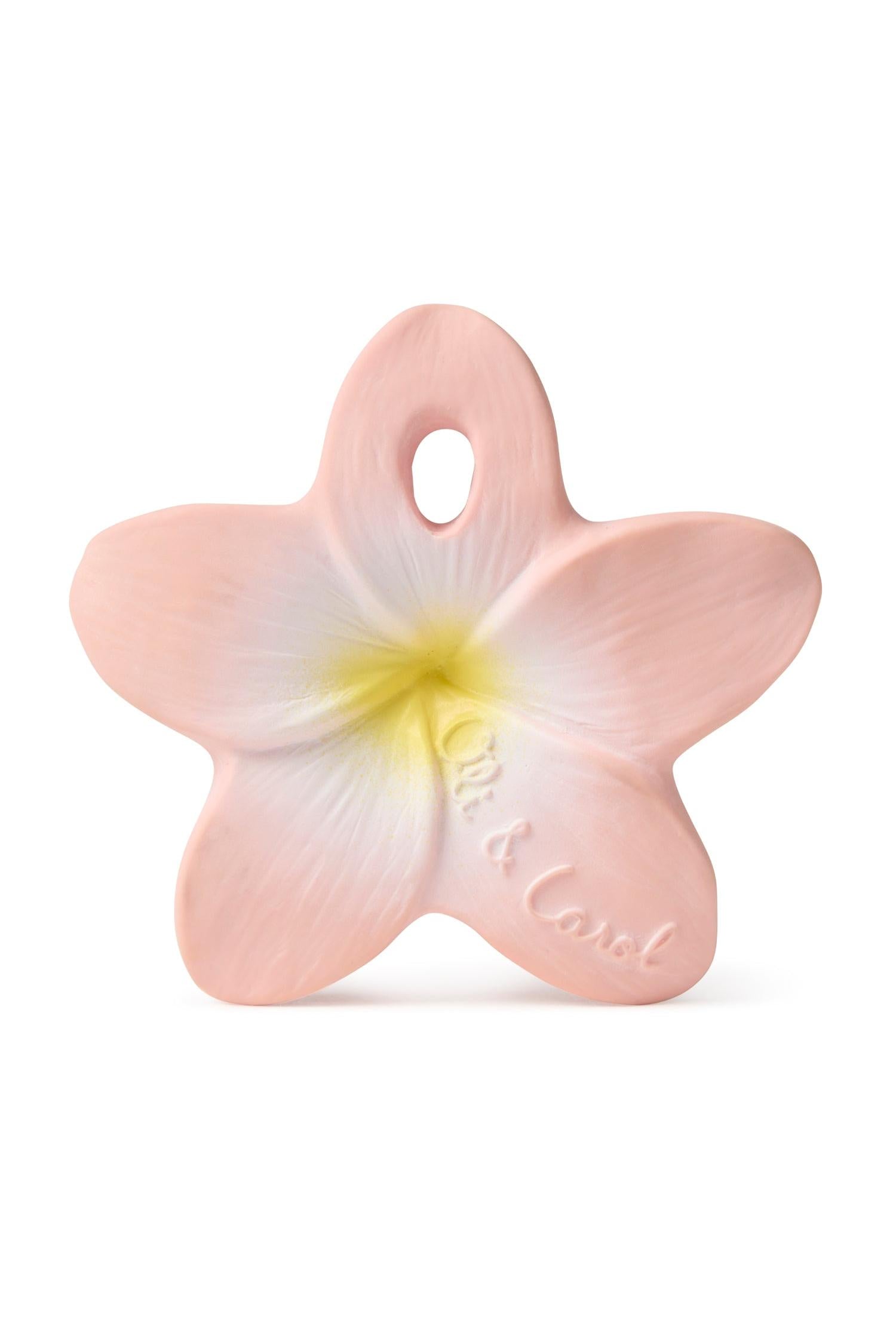 Pink flower-shaped teether with a yellow center on a white background