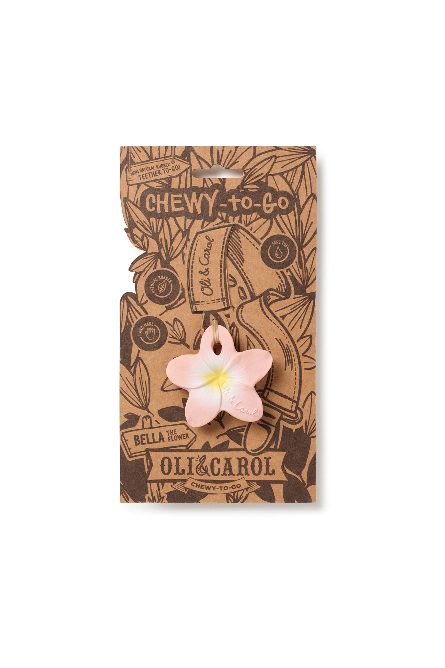 Floral natural rubber teether in a branded packaging on a white background