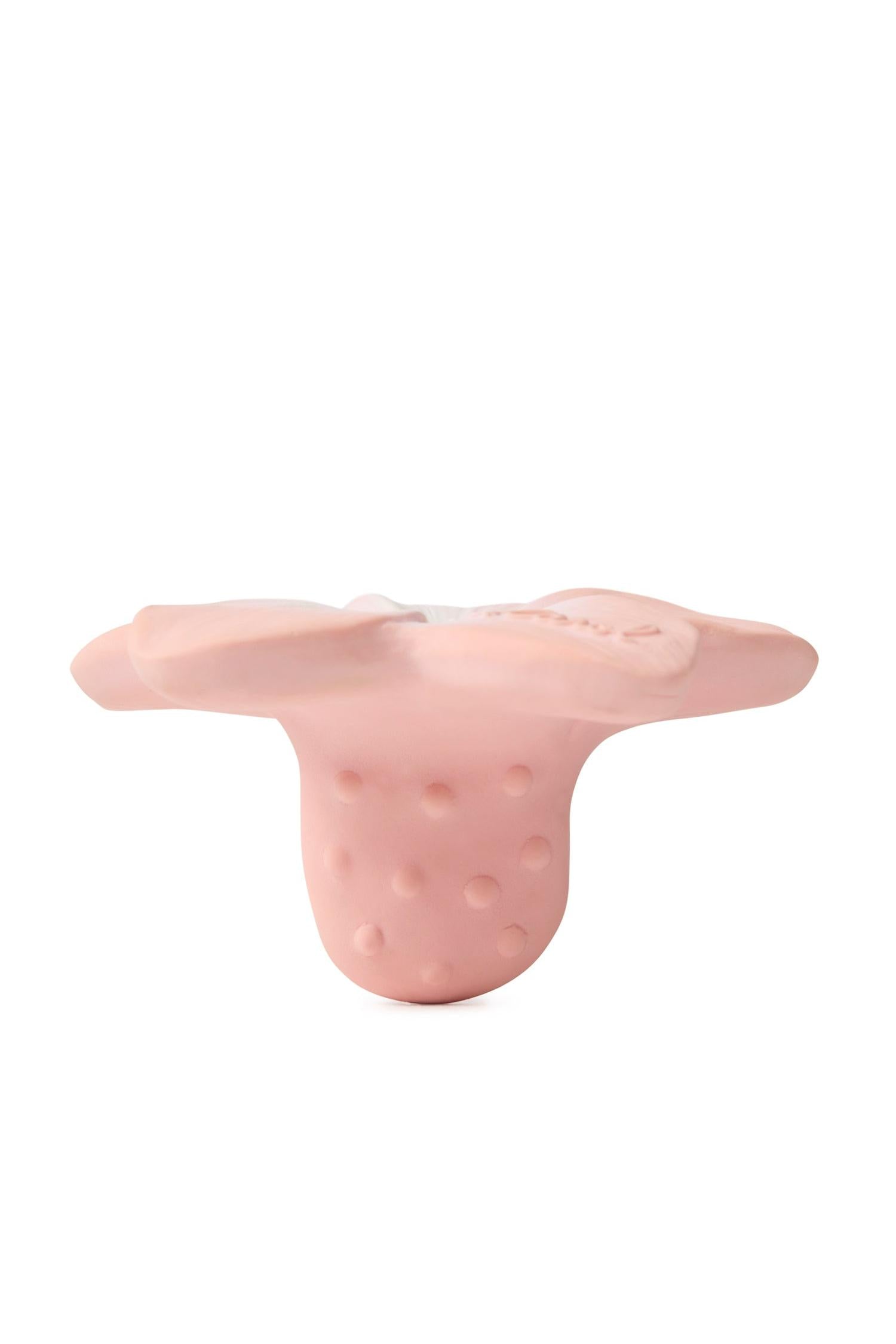 Hand-painted tropical Plumeria flower teether for infants, ergonomic and textured for sensory play and teething relief.