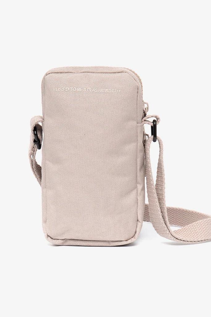 Front view of a compact rectangular shoulder bag with two compartments, featuring a zip closure and adjustable cotton strap