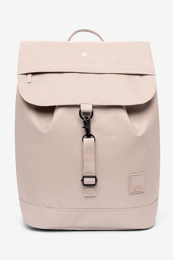 Front view of the Lefrik Scout Backpack in Ash, showcasing its rounded silhouette, oversized flap closure with metal hook fastening.