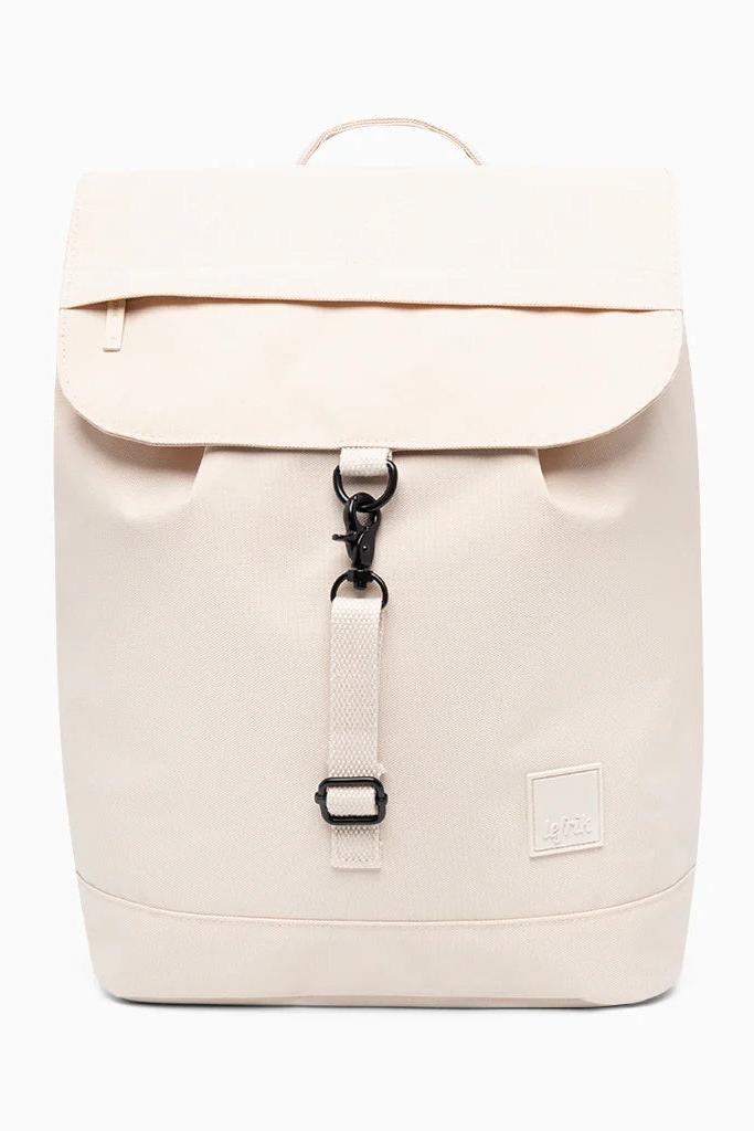 Front view of the Lefrik Backpack, featuring front flap with metal hook closure.