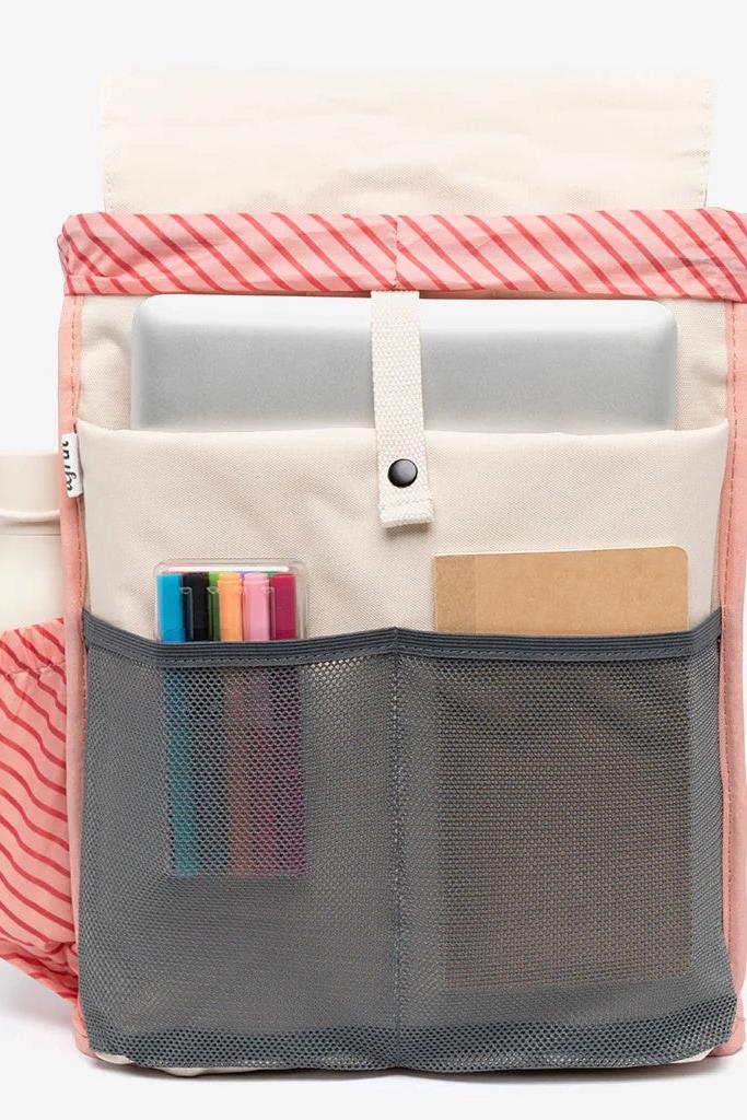 Inside view of the Lefrik Scout Backpack in Ecru Stripes, featuring a large main compartment, padded laptop pocket, and striped design.