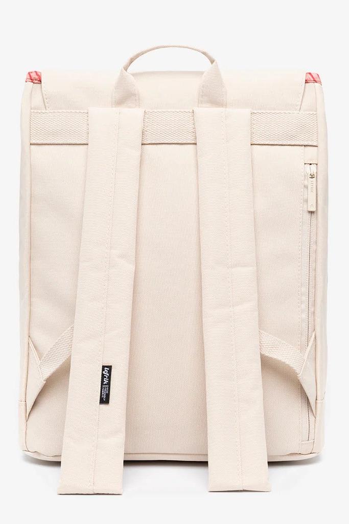 Back view of the Lefrik Scout Backpack in Ecru Stripes, highlighting the padded shoulder straps and back security pocket.