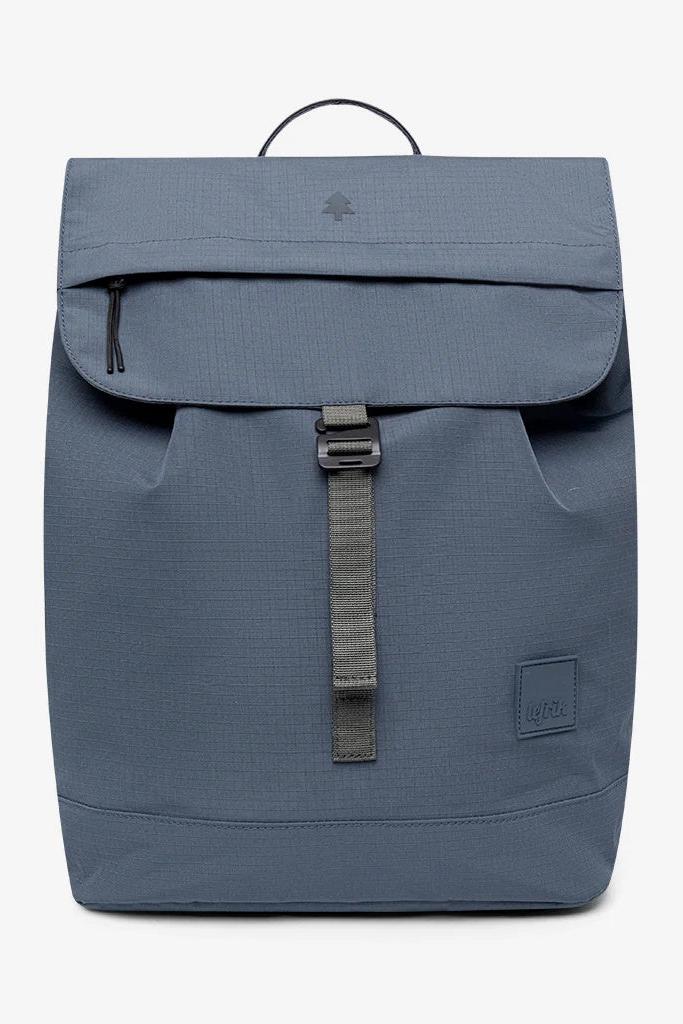 Front view of the Lefrik Scout Backpack in Maibon Vandra, showcasing its rounded silhouette, large flap closure with G-hook fastening, and water-resistant RIPSTOP RPET fabric.