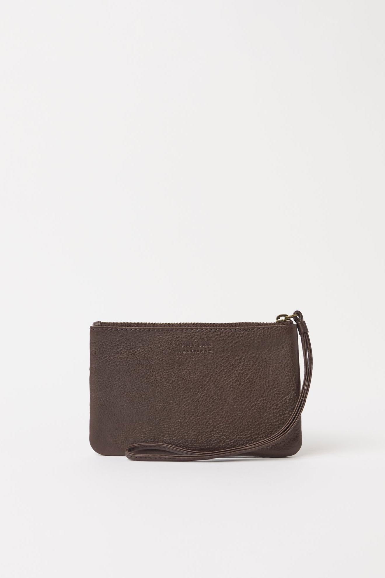 Brown leather clutch bag on a white background