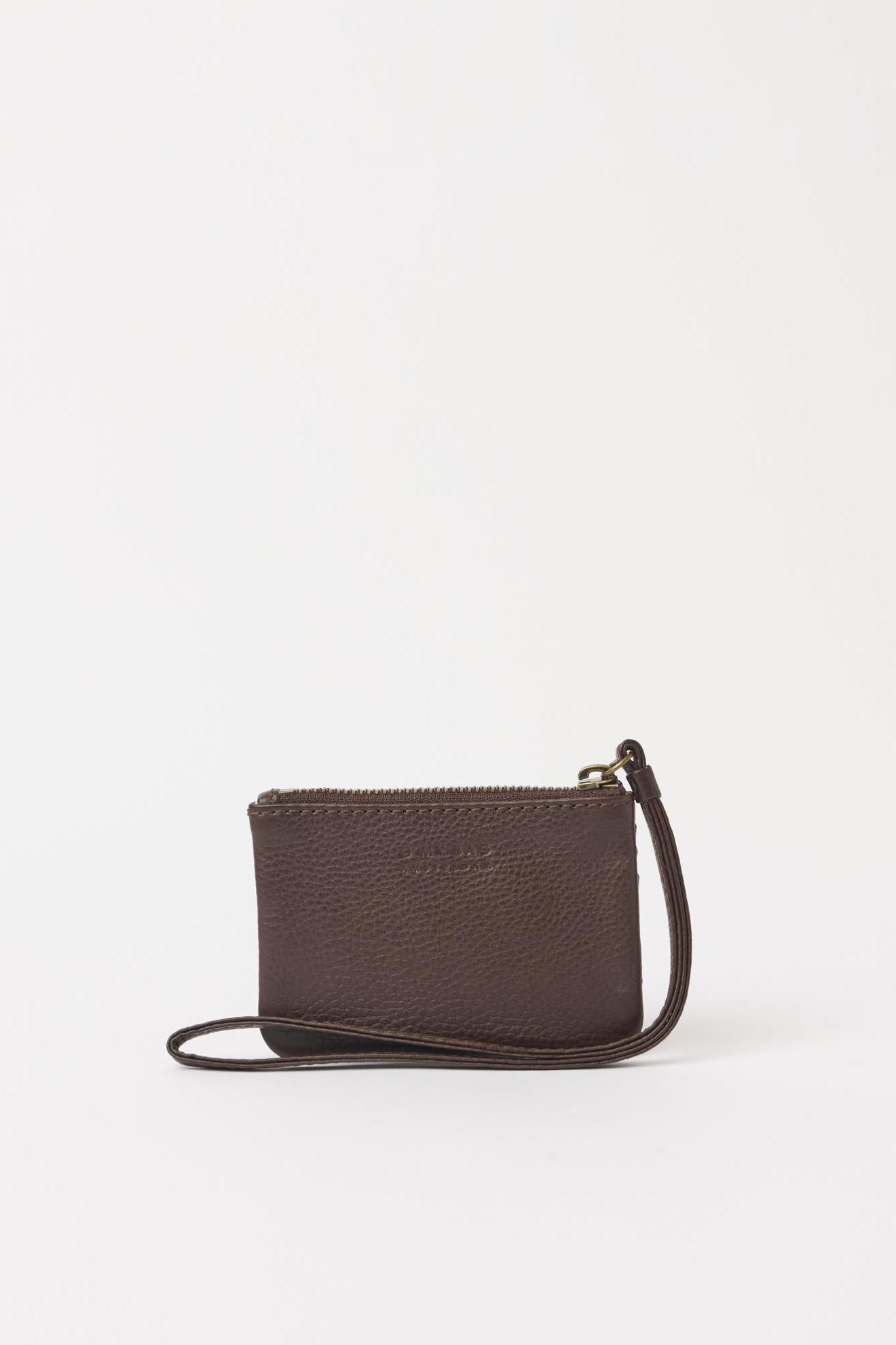 Brown leather clutch bag on a white background