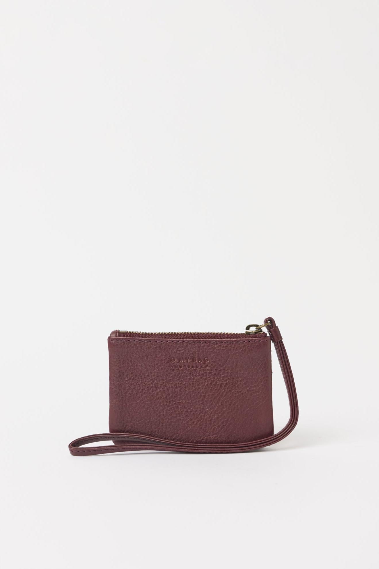 Brown leather wallet with strap on a white background