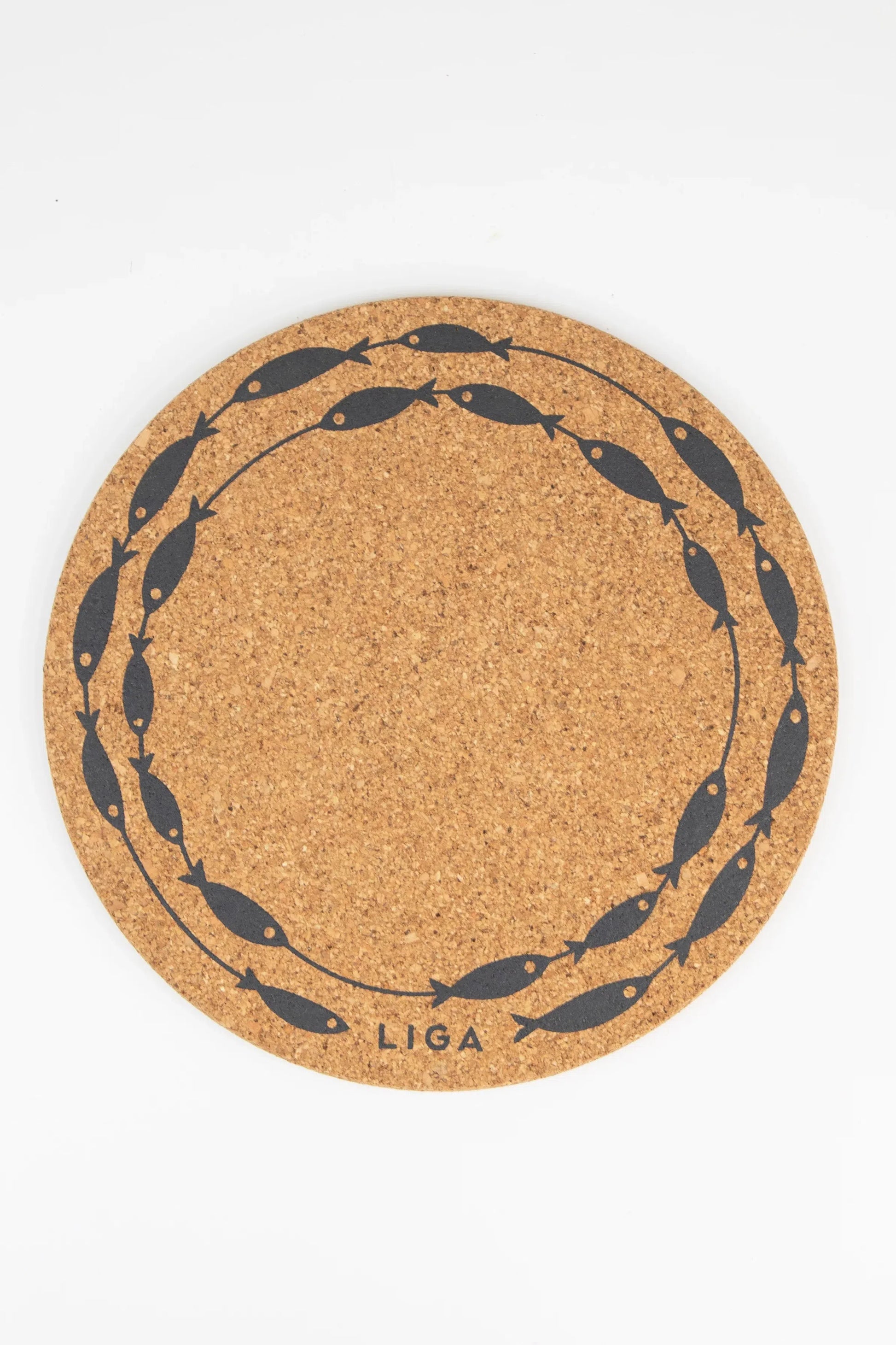 Detailed view of the Liga Cork Placemat, highlighting the fish illustration.