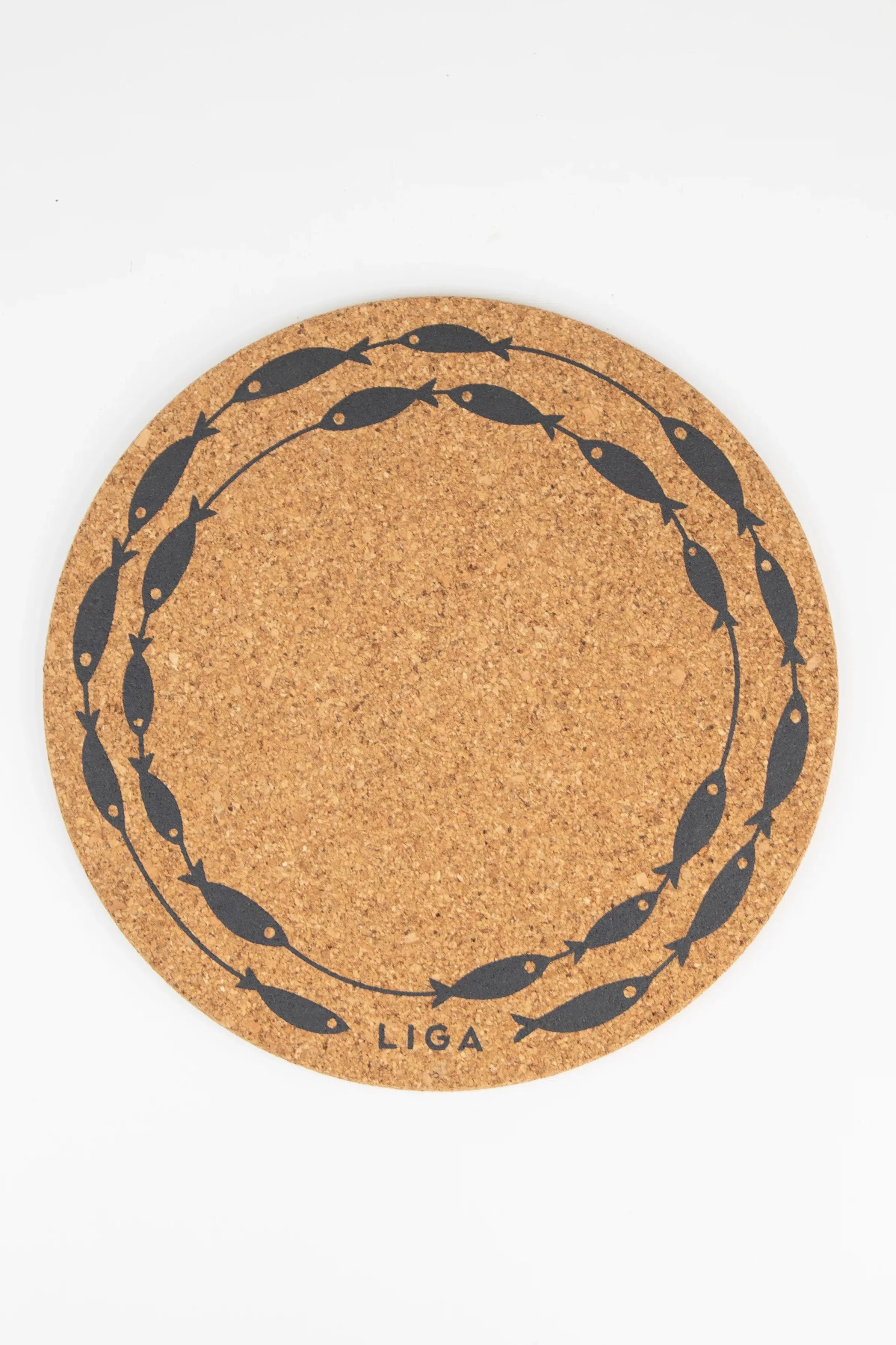 Detailed view of the Liga Cork Placemat, highlighting the fish illustration.