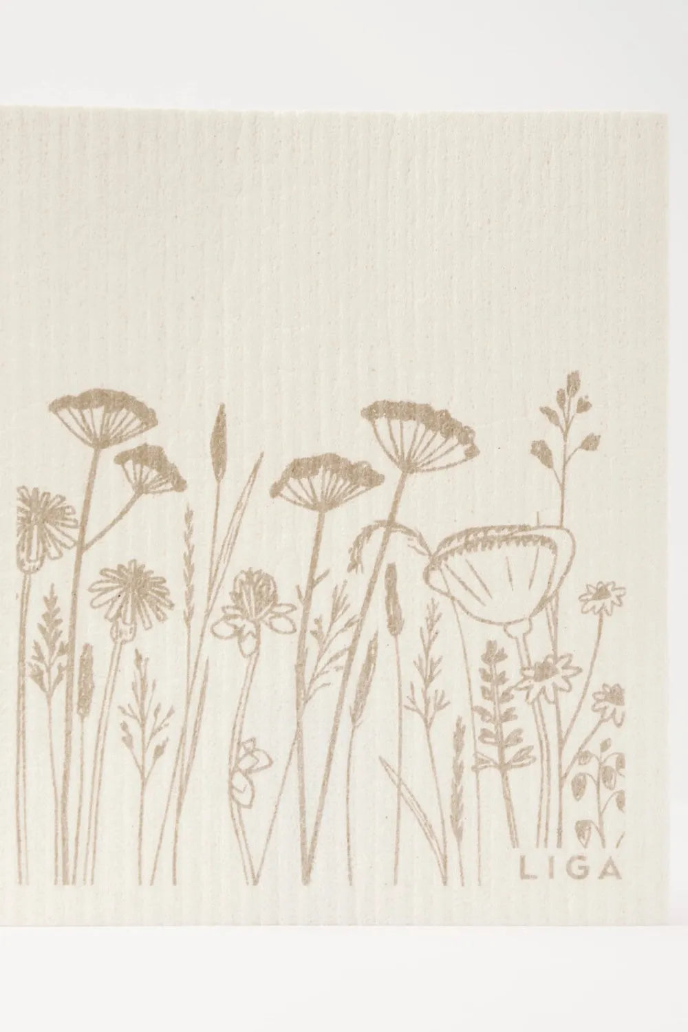 Beige dishcloth with brown floral pattern and 'LIGA' branding