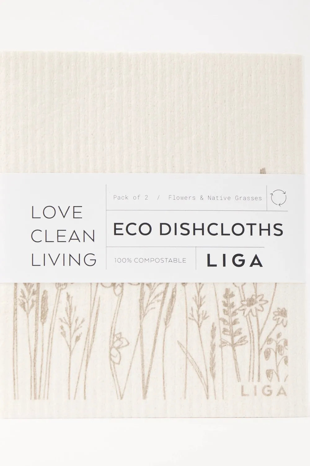 Pack of eco dishcloths with 'Liga' branding on a white background
