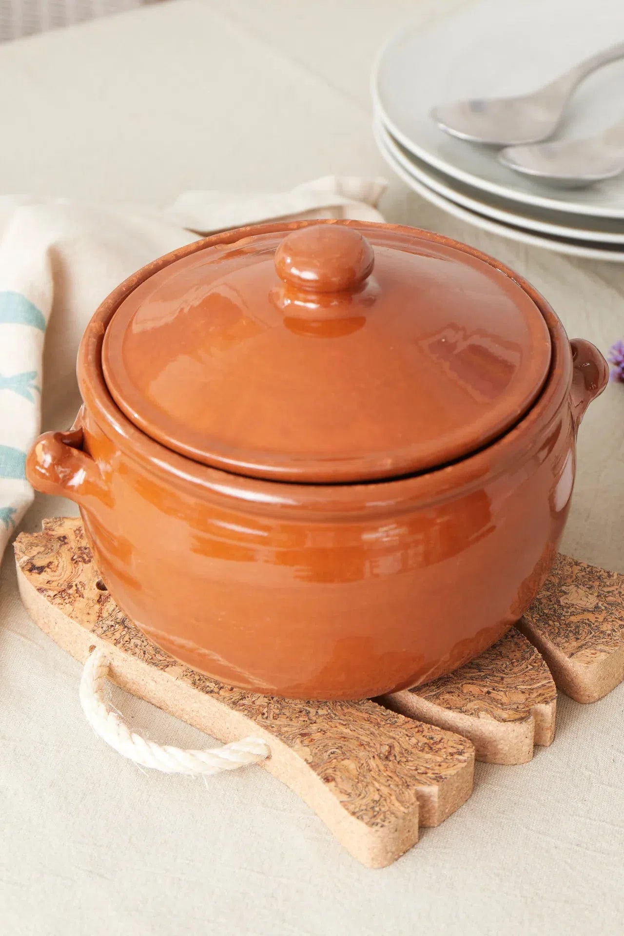 Liga Natural Cork 3 Fish Trivet in use, placed under an orange hot pot on a kitchen countertop.