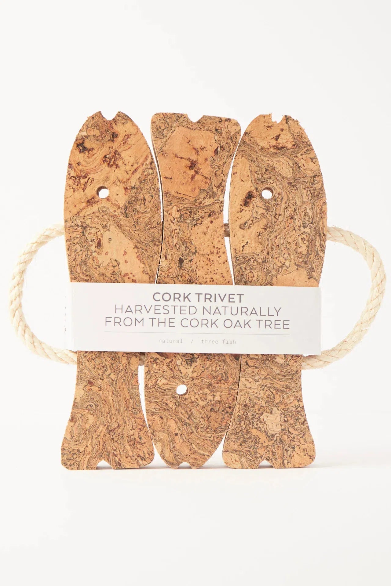 Liga Natural Cork 3 Fish Trivet featuring three fish motifs, crafted from sustainable cork with a natural finish.
