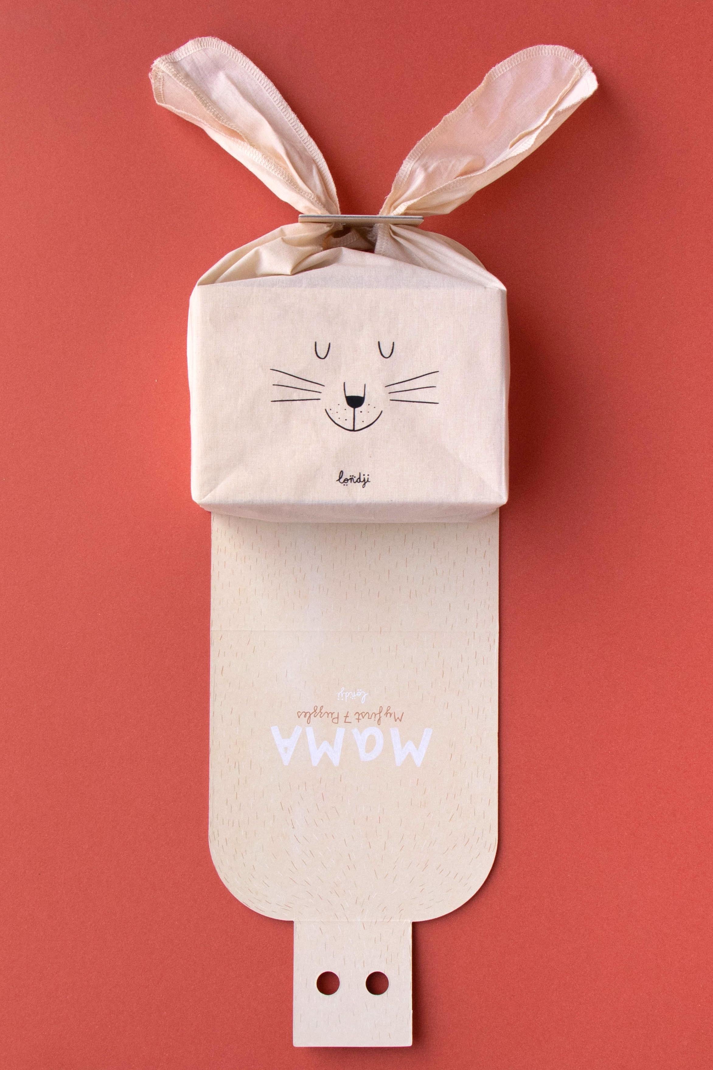 Baby bag with rabbit ears on a red background