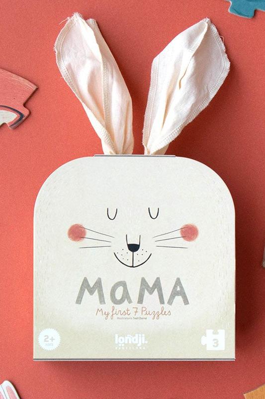 Baby puzzle box with bunny ears and 'MAMA' text on a red background