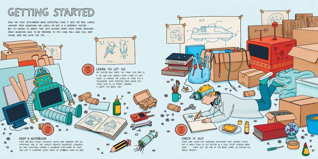 Illustrated guide on getting started with a project, featuring tools, materials, and a person working.