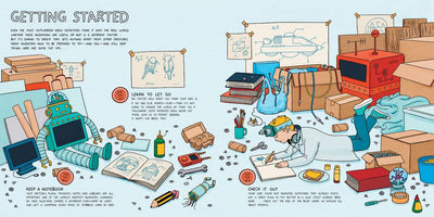 Illustrated guide on getting started with a project, featuring tools, materials, and a person working.