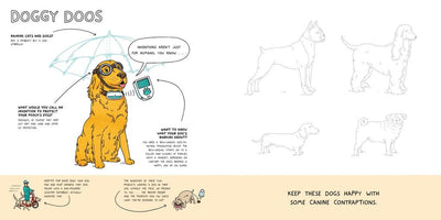 Comic strip with a dog character and text bubbles, featuring a yellow dog with a stethoscope and various dog illustrations.