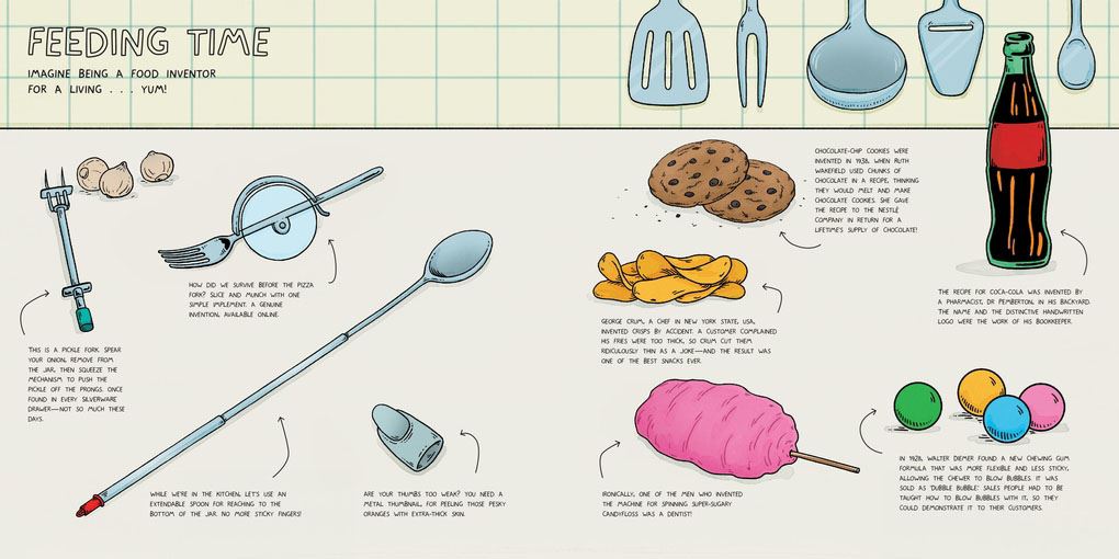 Illustration of various food items and utensils with text on a grid background