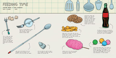 Illustration of various food items and utensils with text on a grid background