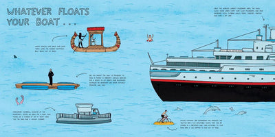 Illustrations of various boats and water activities on a blue background