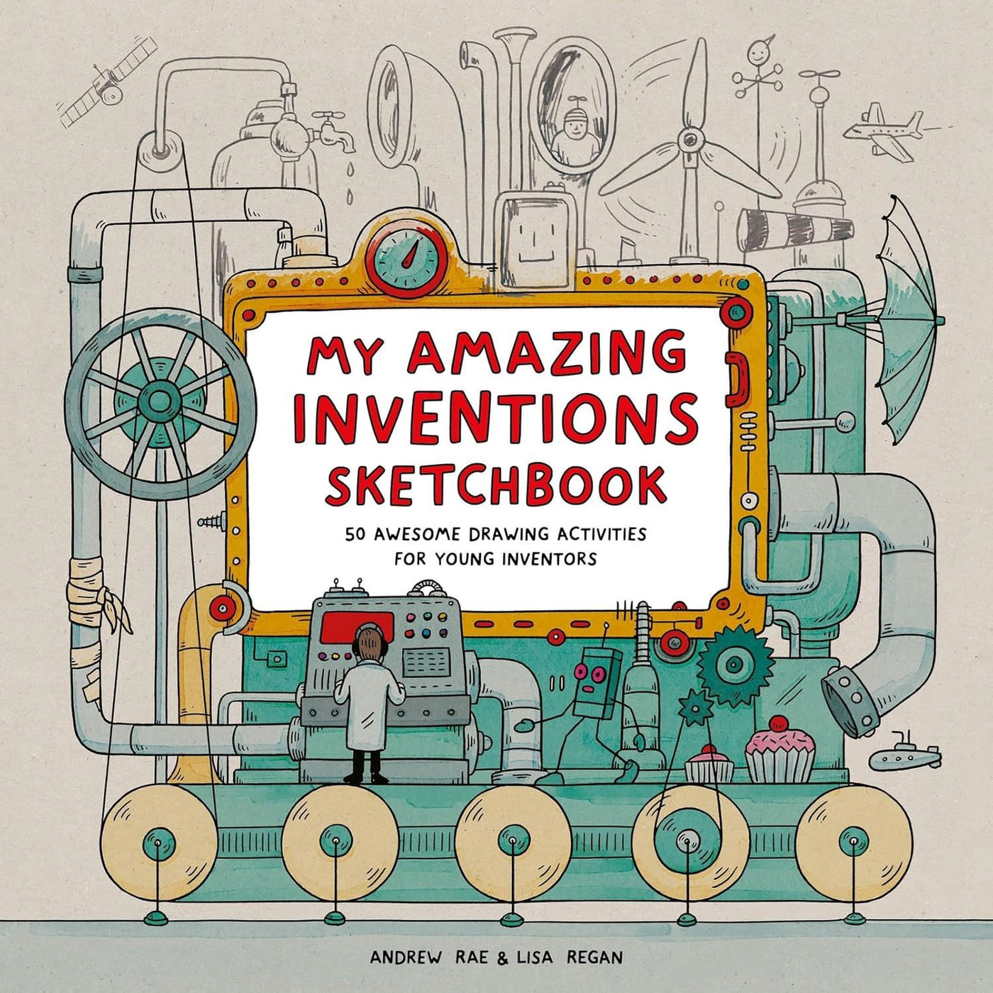Book cover of 'My Amazing Inventions Sketchbook' with mechanical design and text.