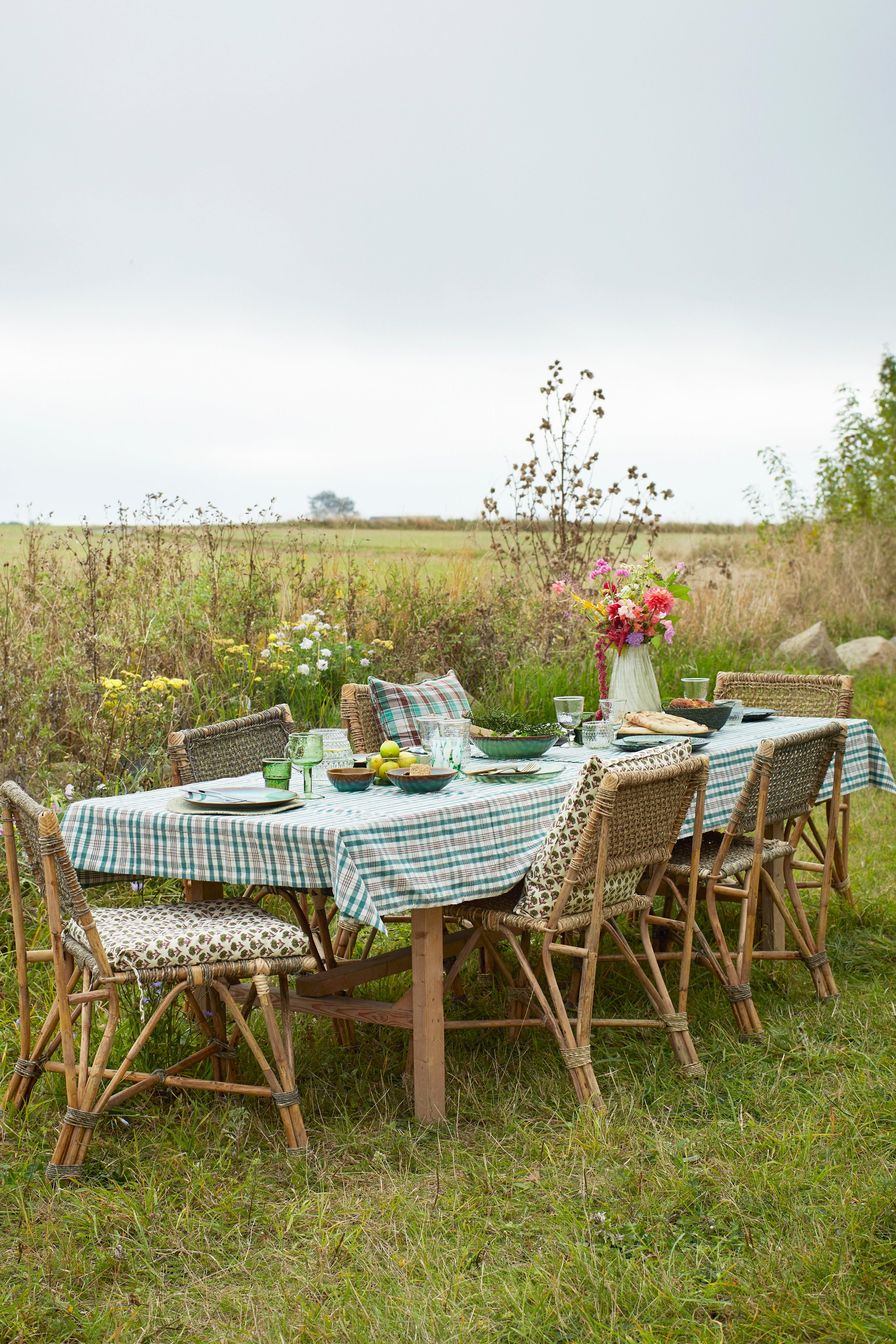 Outdoor dining setup with a table and chairs in a field