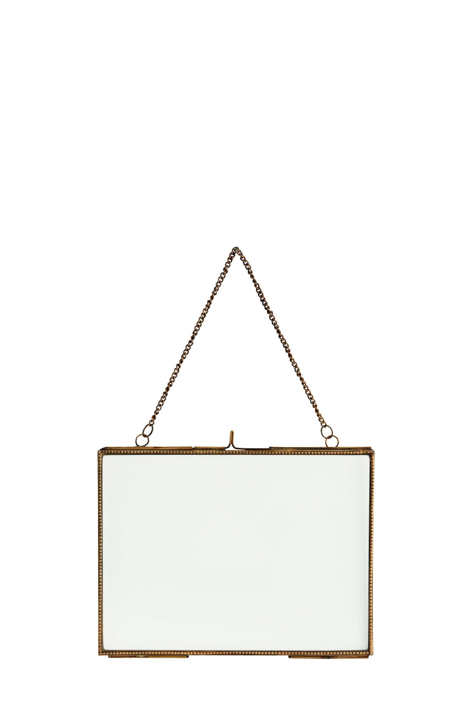 Rectangular photo frame with gold frame and chain on a white background