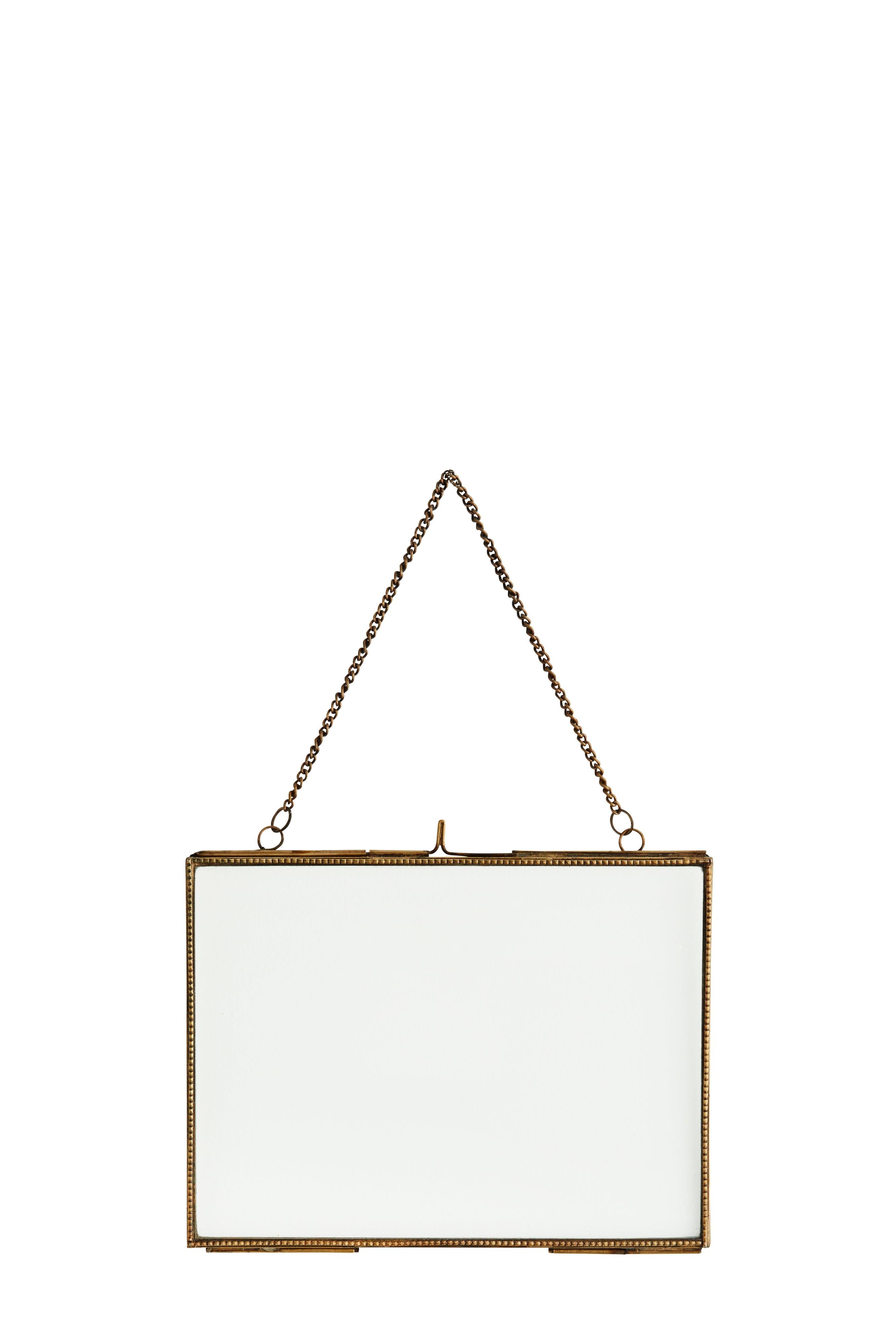 Rectangular photo frame with gold frame and chain on a white background