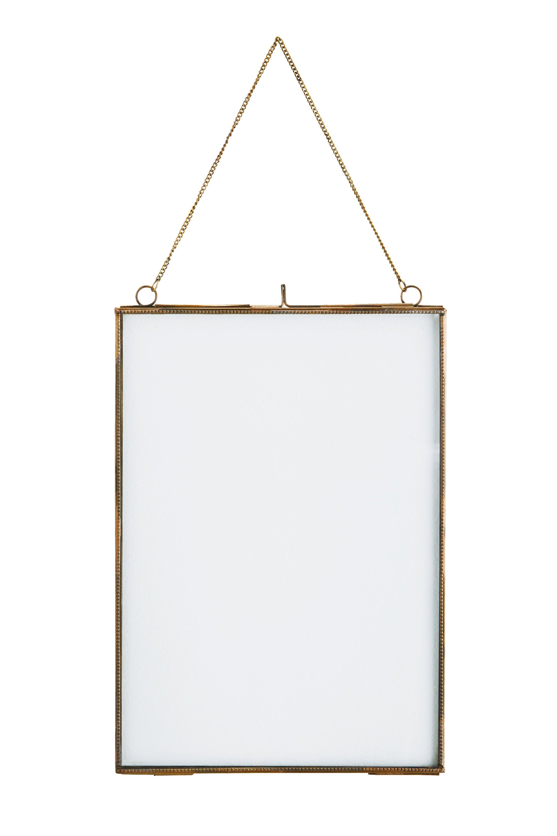 Gold-framed photo frame hanging on a white background