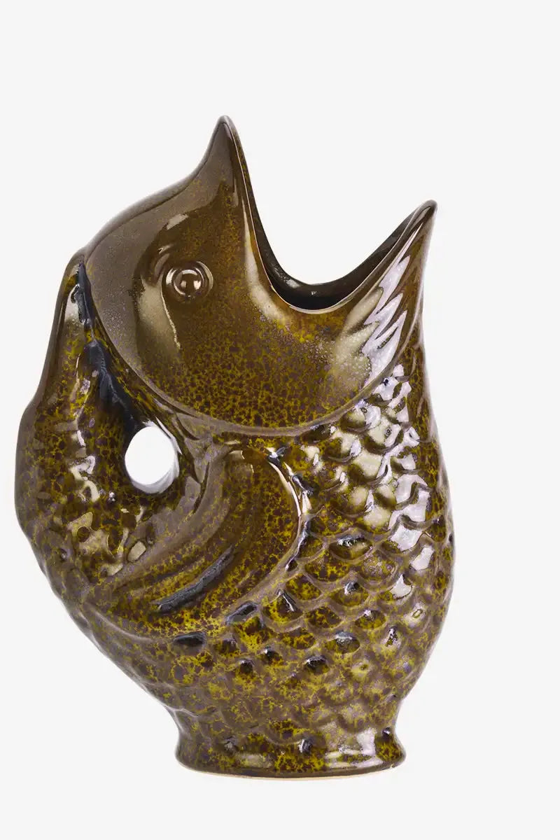 Ceramic fish-shaped vase with a textured brown finish on a white background